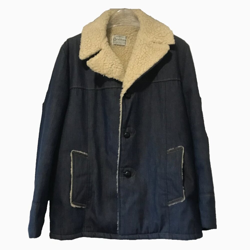 Vintage Raritan Sportswear Blue Denim Jacket White Sherpa Fleece Lining Mens 42